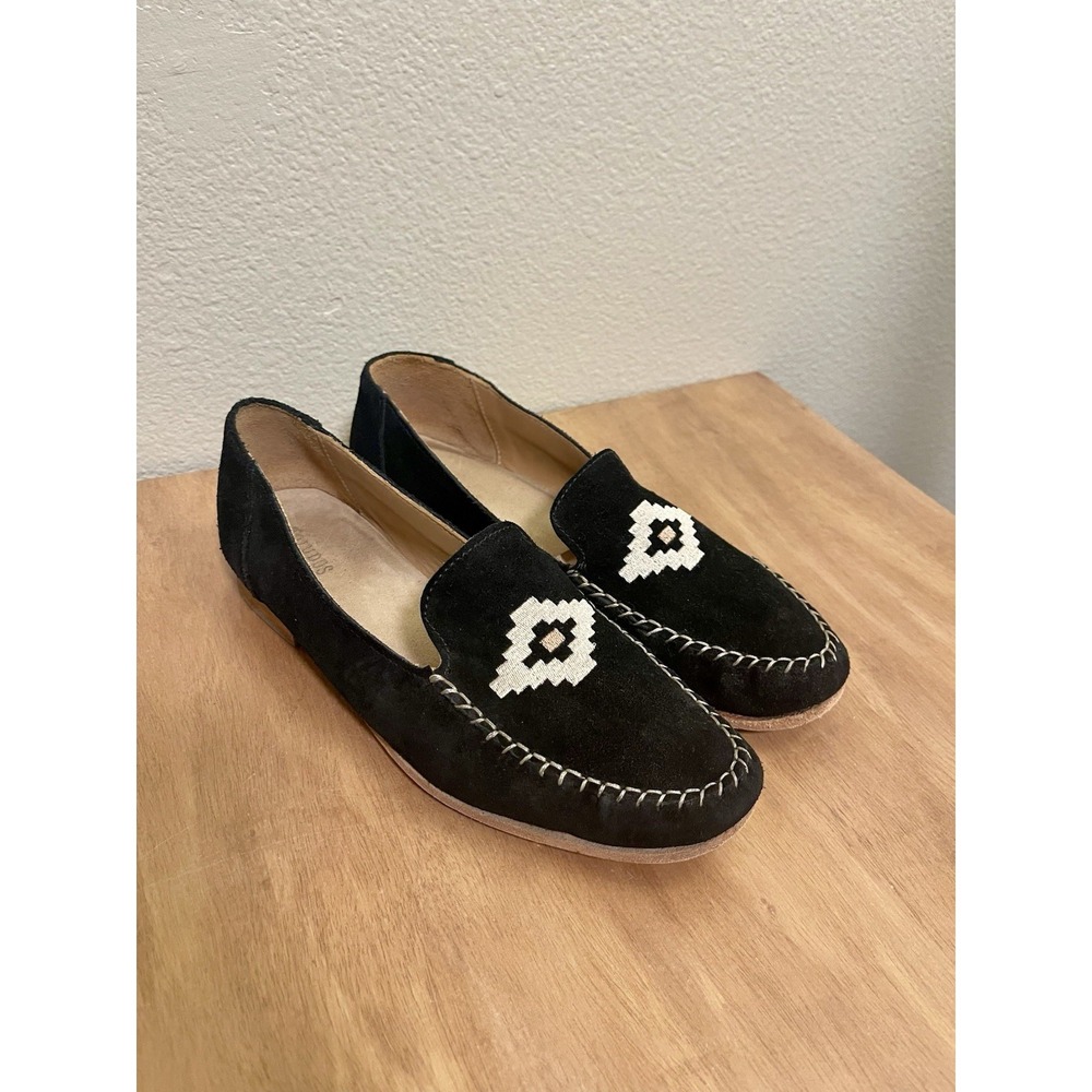 Soludos Embroidered Mocassins Black Suede Southwestern Aztec Boho Womens Size 10